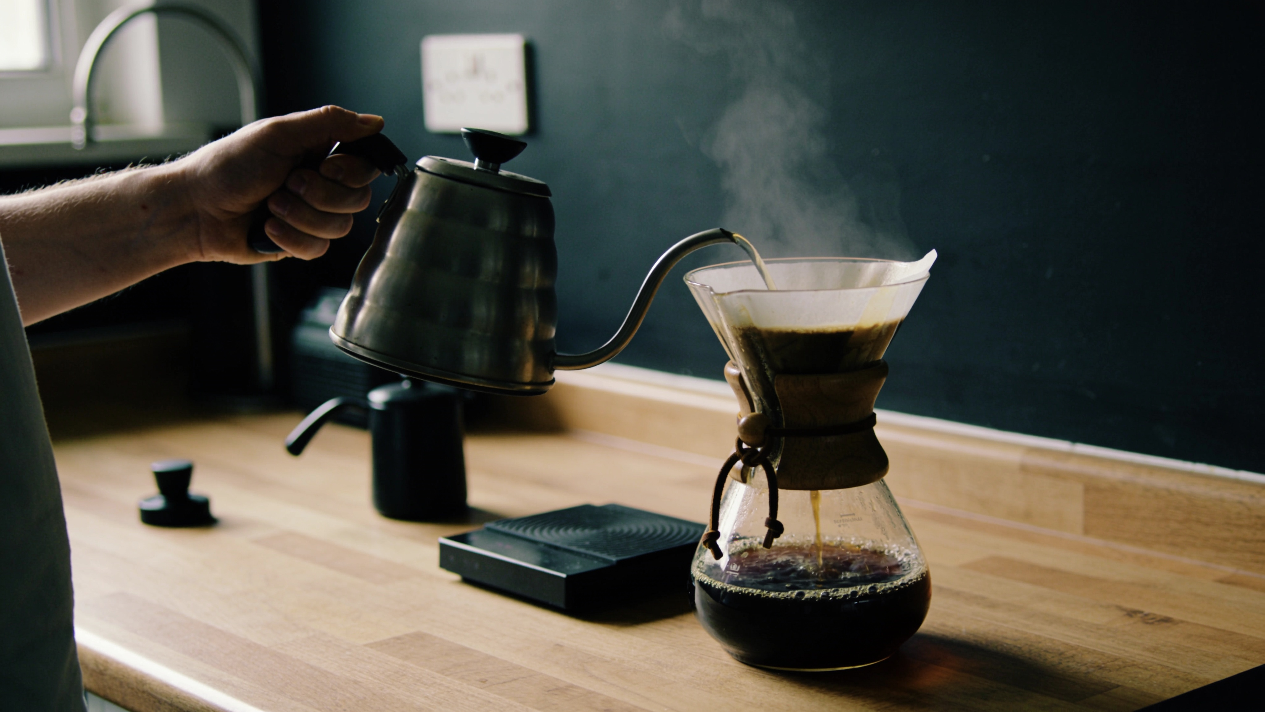 Pour-over coffee brewing fresh at home