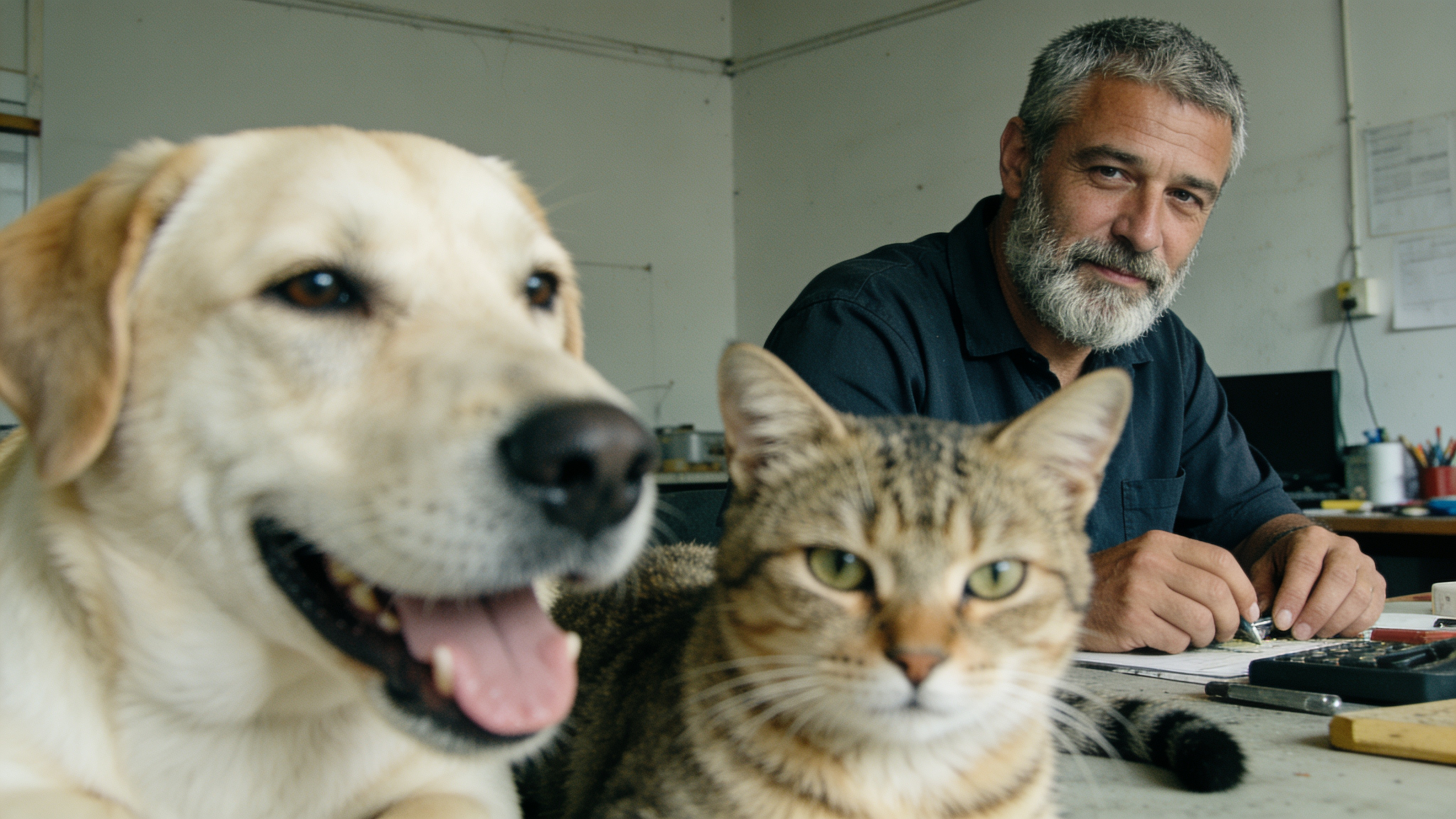 A smiling pet owner holding their dog inside a warm veterinary clinic