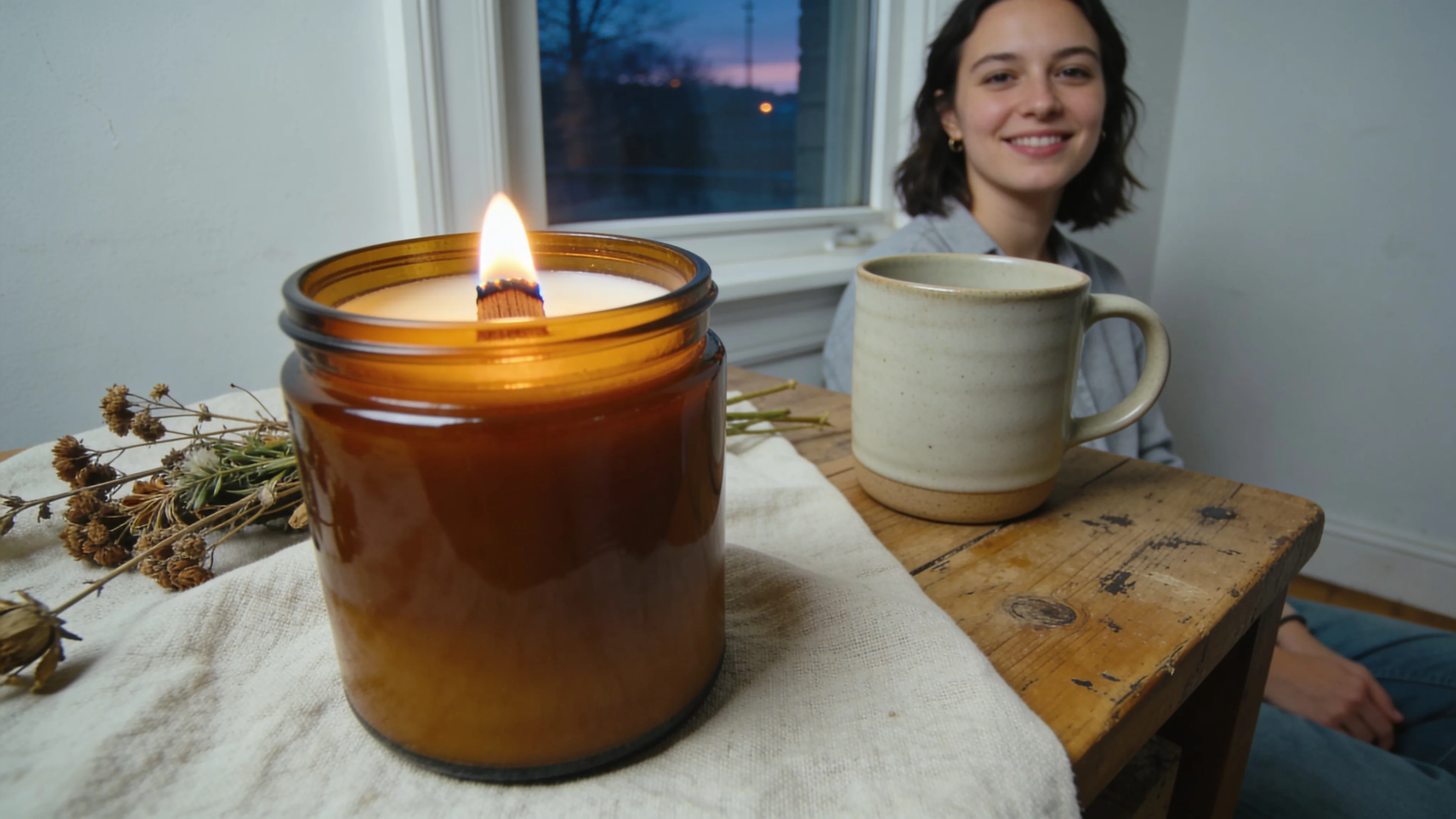 Close-up of a crackling wood wick inside a clean soy wax candle