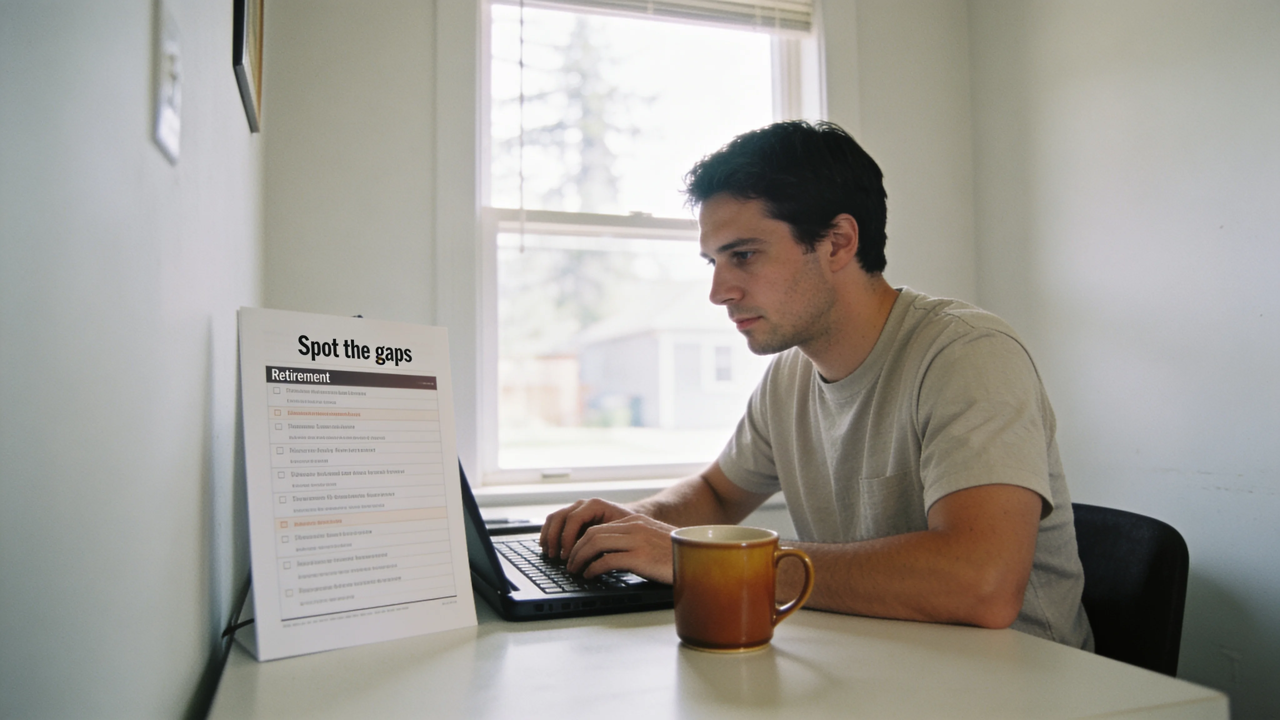 Couple reviewing financial documents together at a calm kitchen table