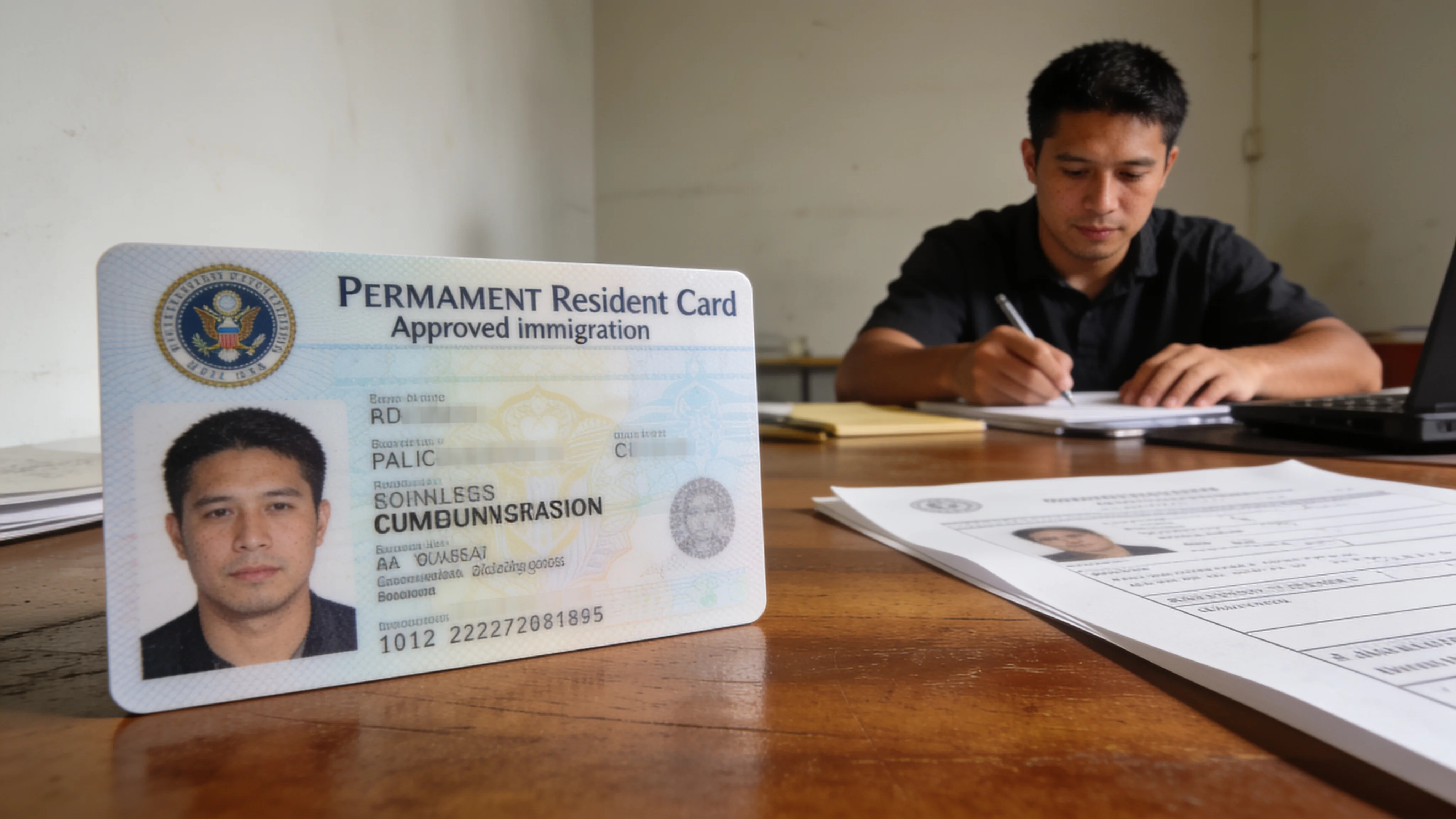Approved green card document held by a smiling professional in business attire