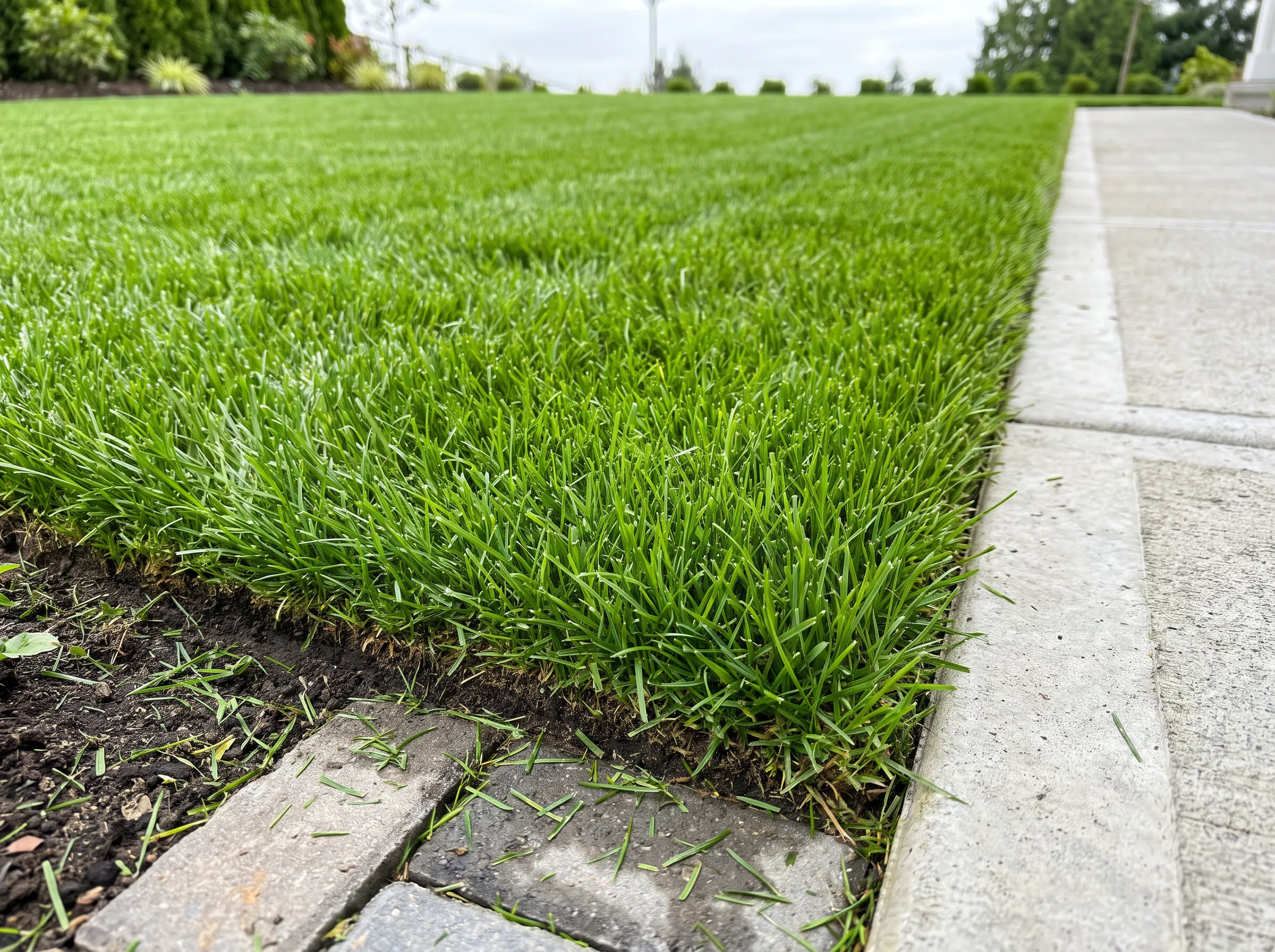 Freshly mowed lawn with a crisp edge line along the walkway
