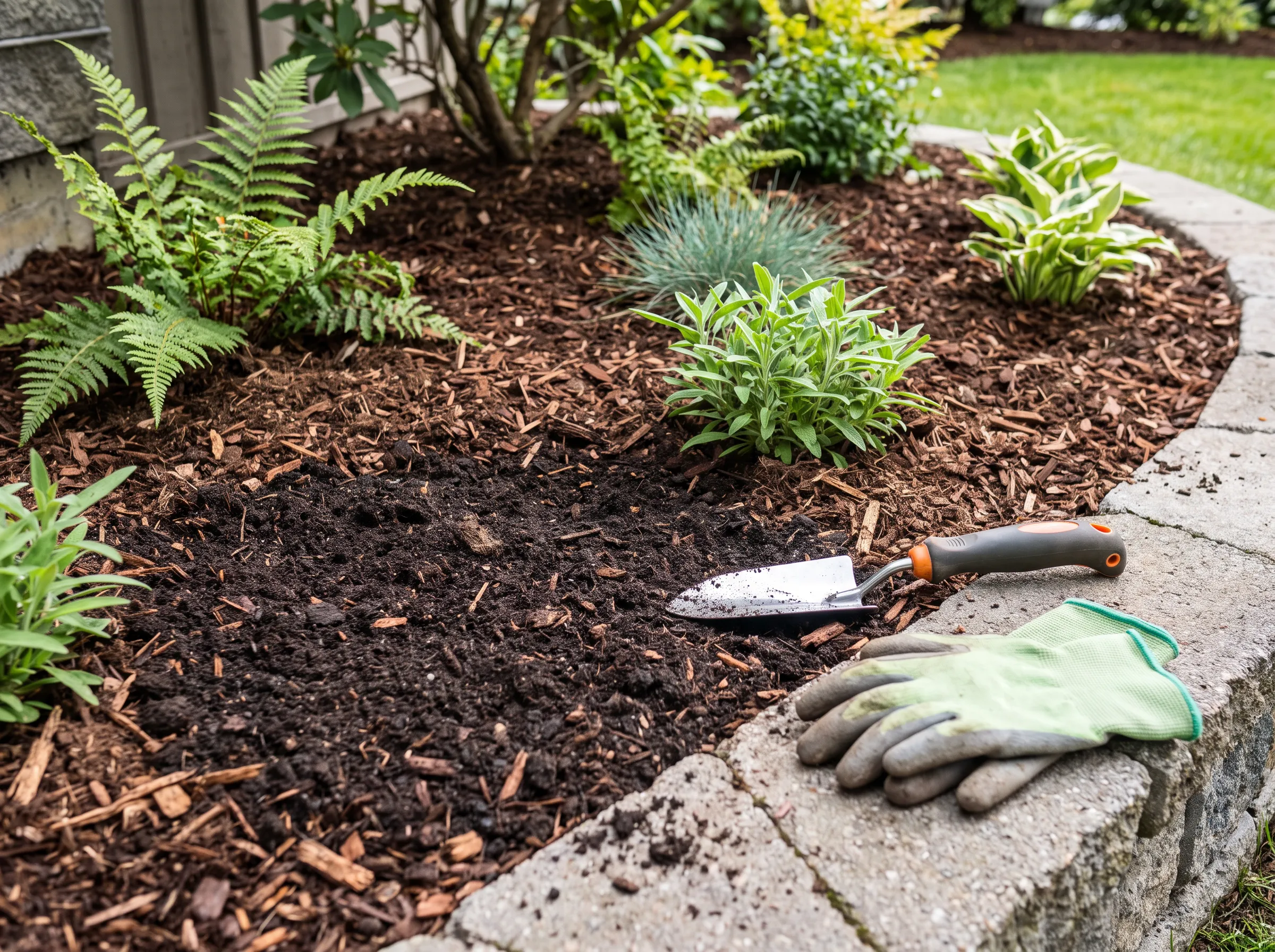 Mulched garden bed with clean trimmed edges after cleanup